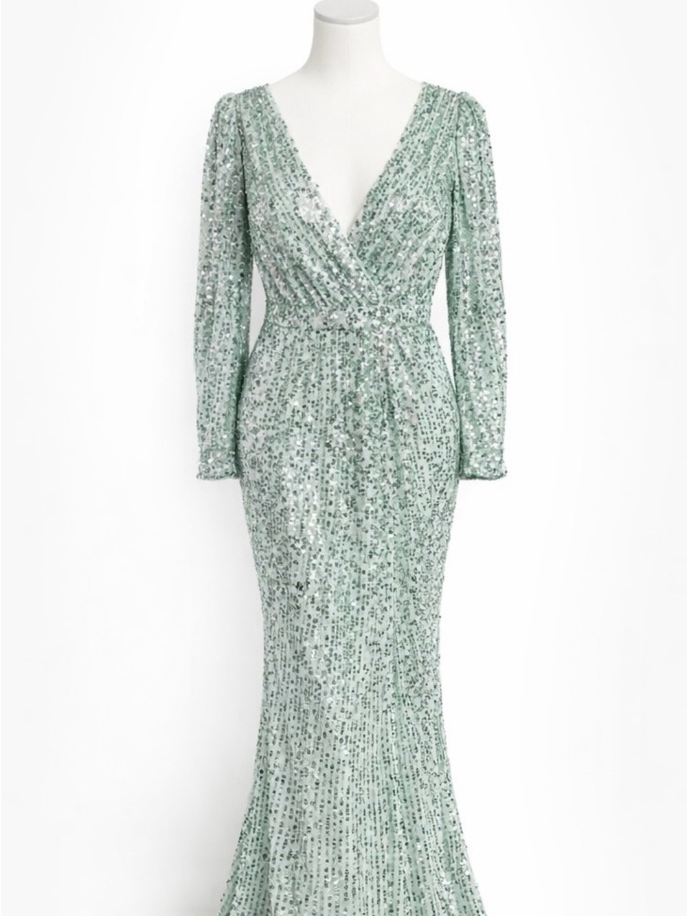 Mac Duggar Sequin V-Neck Long Sleeve Gown in Mint Green size 8